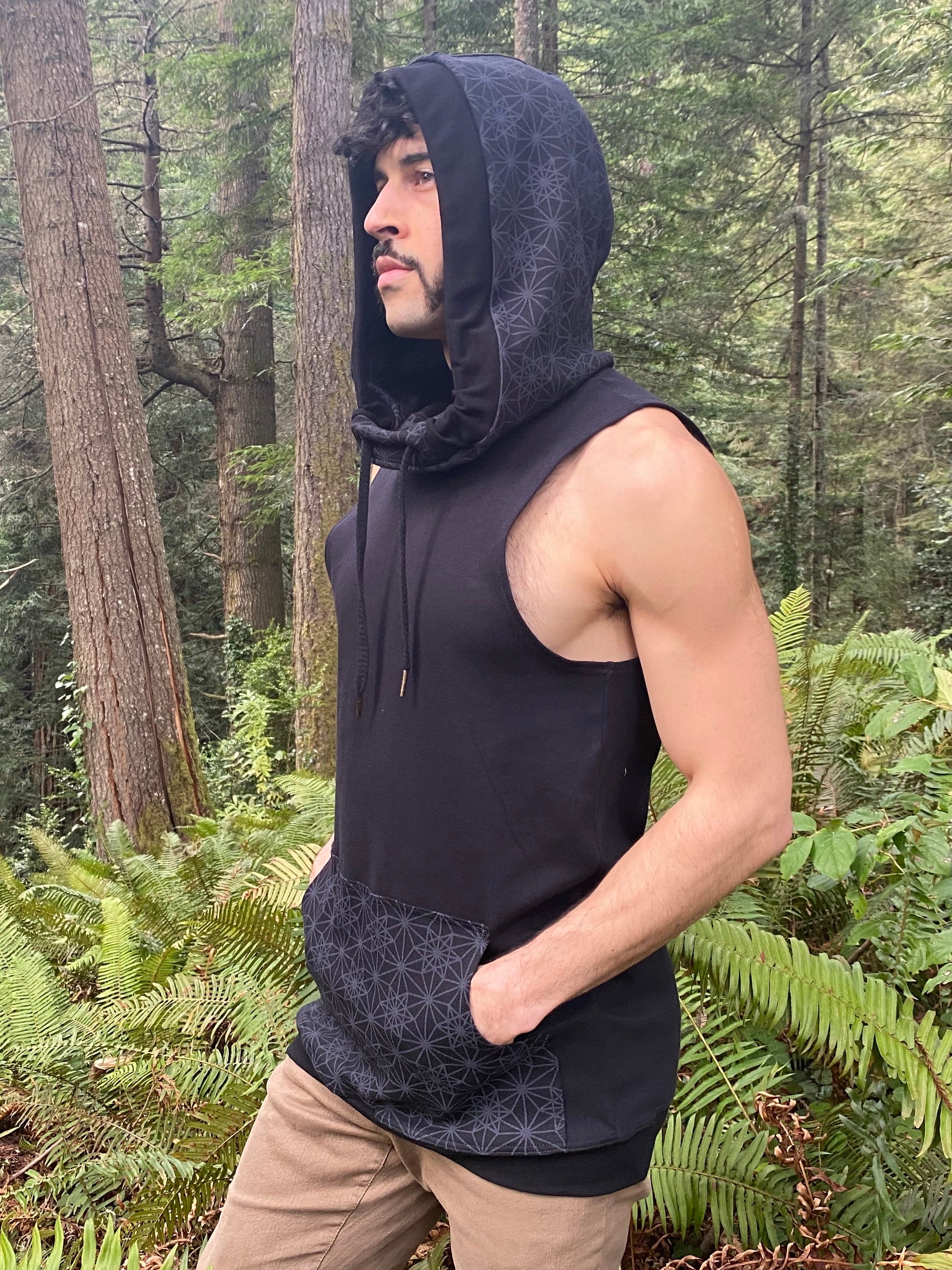 Portal Tank - Organic Cotton Sacred Geometry Hooded Tank Top - Black and  Black w/ 'Vector Equilibrium' Print