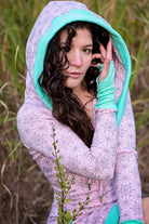 Pink hoodie dress with sacred geometry design. Deep drawstring hood. Festival wear made in the USA from organic cotton.