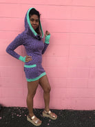 Women's long sleeve lavender pullover hoodie dress with pockets. Deep drawstring hood. Organic clothing made in the USA.