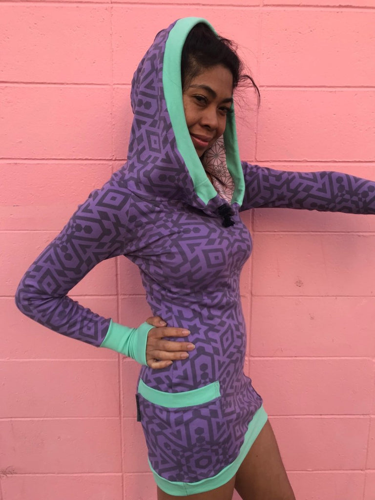 Women's long sleeve lavender pullover hoodie dress with pockets. Deep drawstring hood. Organic clothing made in the USA.