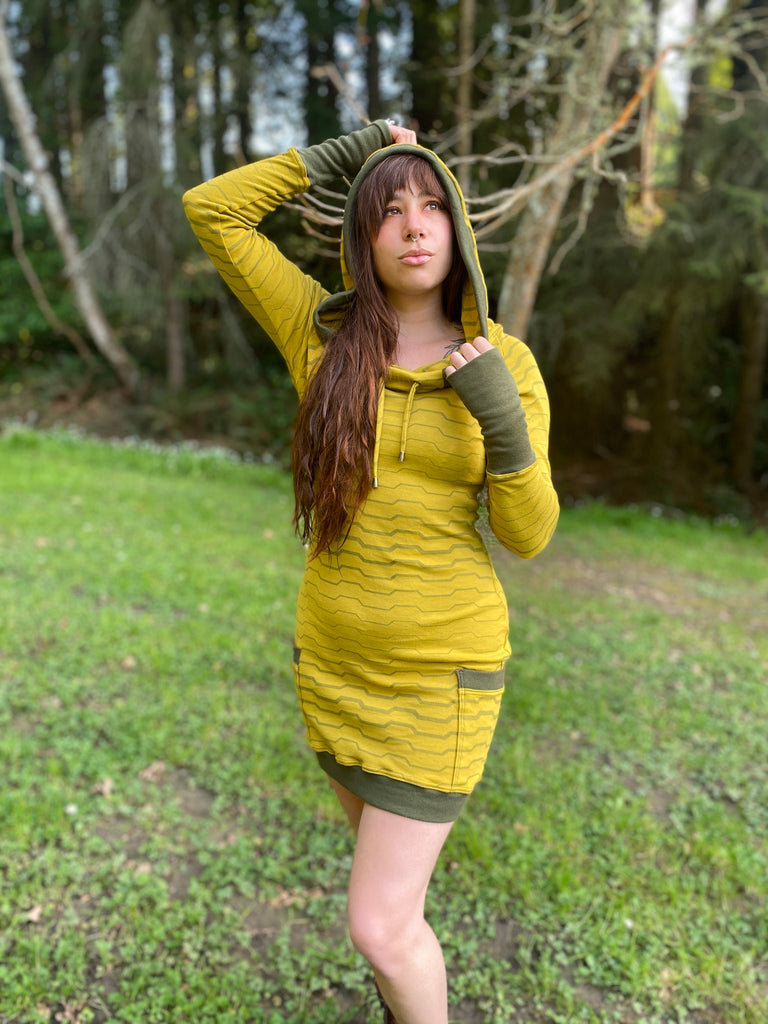 Women's pullover hoodie dress with side pockets. Sacred geometry design. Organic cotton festival clothing made in the USA.