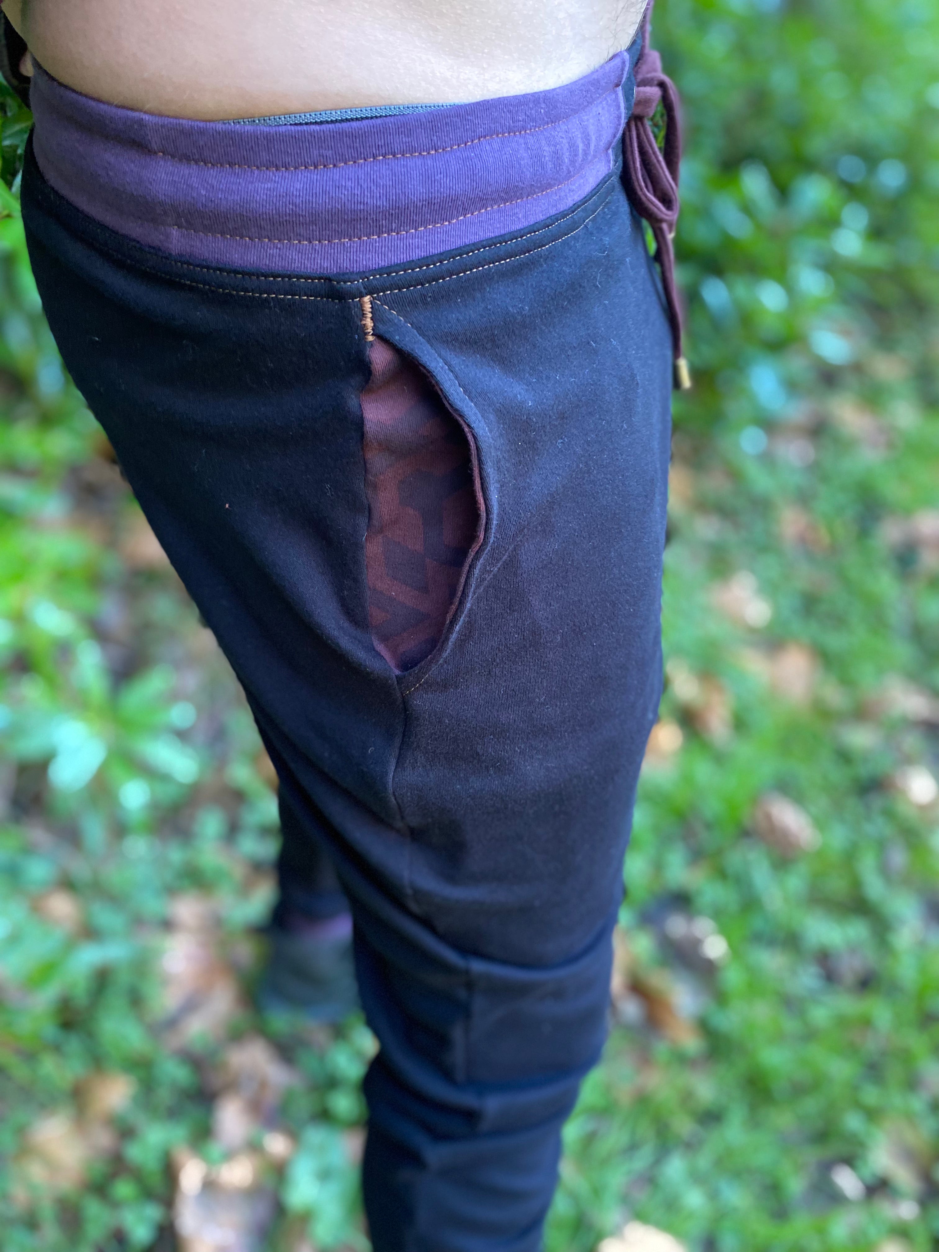Geo Joggers - Organic Cotton Men's Pants - Black and Redwood w/ 'Starburst'  Print Inside Pockets
